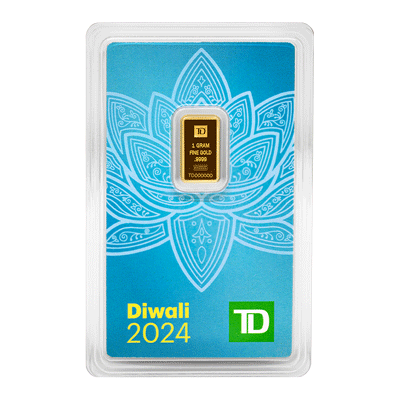 A picture of a 1 gram TD Diwali Gold Bar (2024)